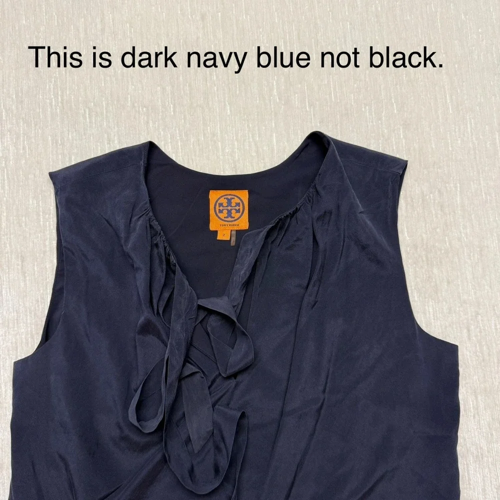 Tory Burch Silk Blouse Top Women 2 Navy Blue Sleeveless Ruffle Career Elegant